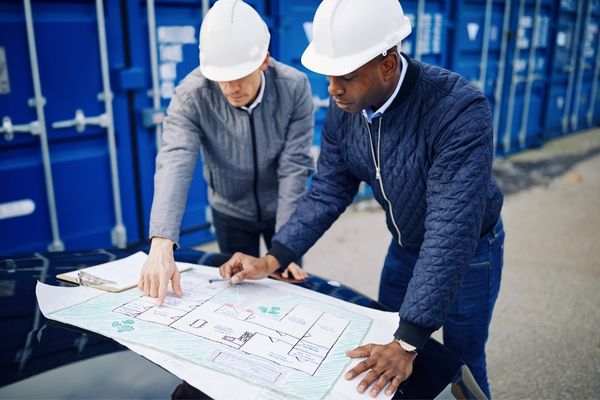 2 Ingenieros revisan el plan del proyecto en Dubai