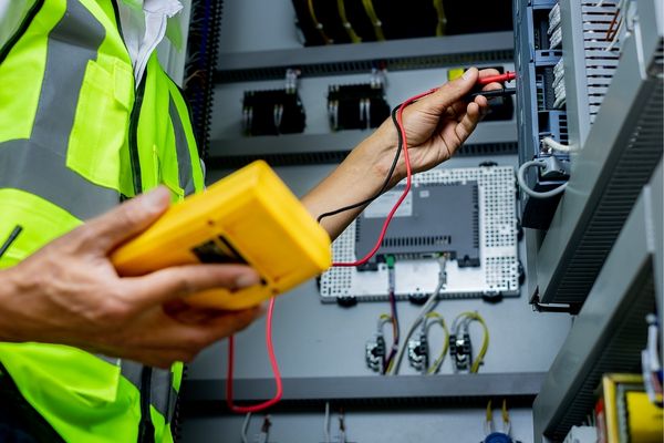Ingeniero eléctrico tomando medidas en una obra en Emiratos Árabes Unidos