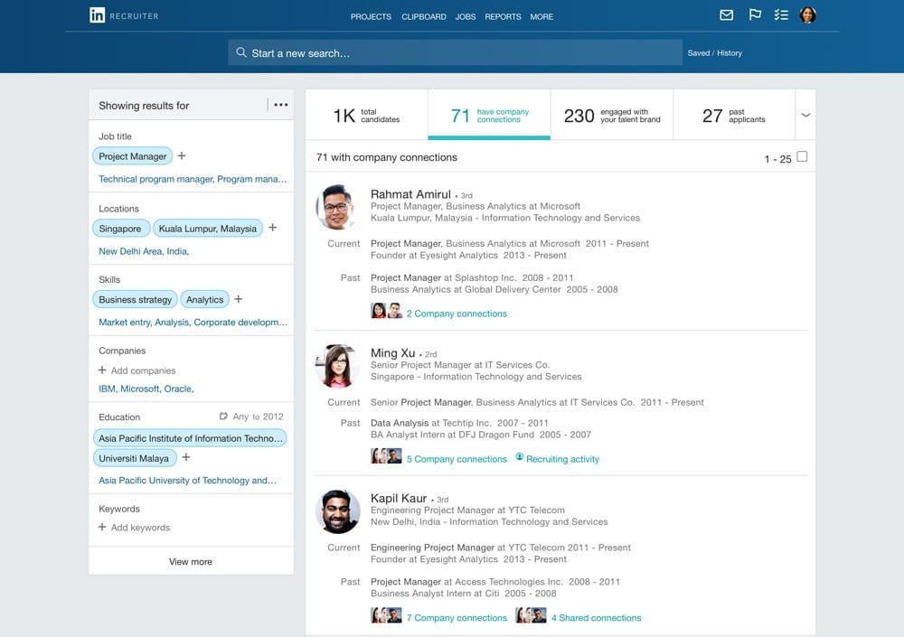 LinkedIn Recruiter interface, candidates and filters