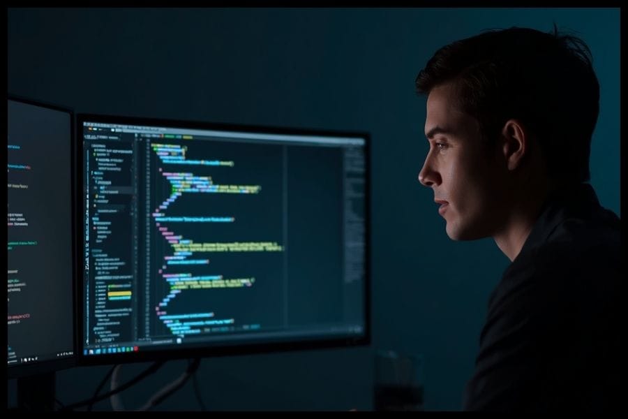 QA automation engineer reviewing test scripts on dual monitors in a dark development environment