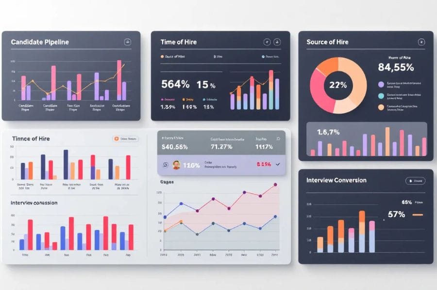 The image displays an analytics dashboard featuring various recruitment metrics and performance data, illustrating key insights into the hiring process. It highlights digital recruiting strategies and the effectiveness of recruitment efforts in attracting top talent and qualified candidates.