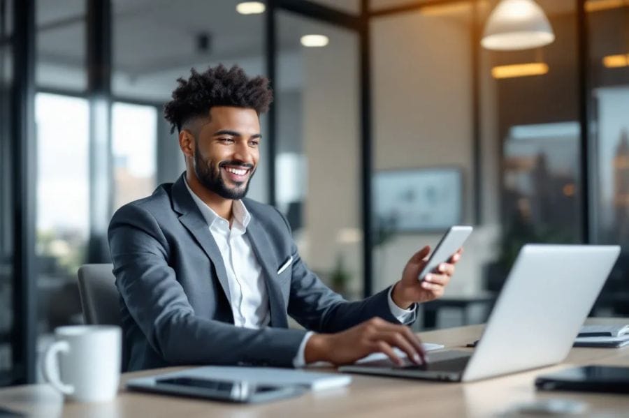 A modern recruiter is strategically engaging with multiple digital devices and platforms to enhance the recruitment process, utilizing tools like applicant tracking systems and job boards to attract top talent and streamline their digital recruitment strategy. The scene highlights the integration of technology in hiring practices, emphasizing the importance of connecting with qualified candidates and building a strong employer brand.