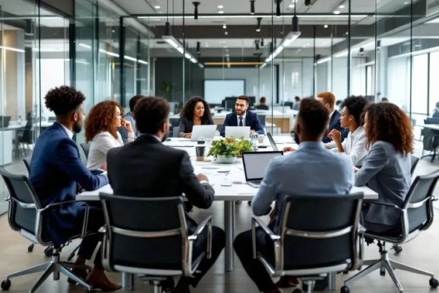 In a modern office setting, a diverse group of professionals engages in the interview process, showcasing job seekers discussing their career aspirations with agency leaders. This scene reflects the hiring process as they align their skills with the company's culture, emphasizing the importance of recruiting quality talent for a successful workforce.