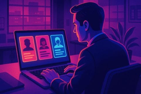 A recruiter in an office searching for candidates using AI sourcing tools