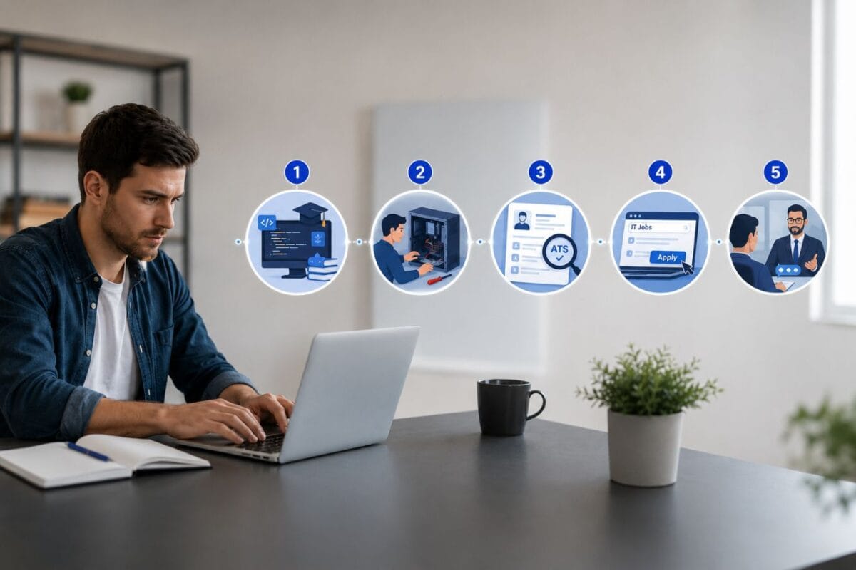 5 steps illustration on how to get a job in IT