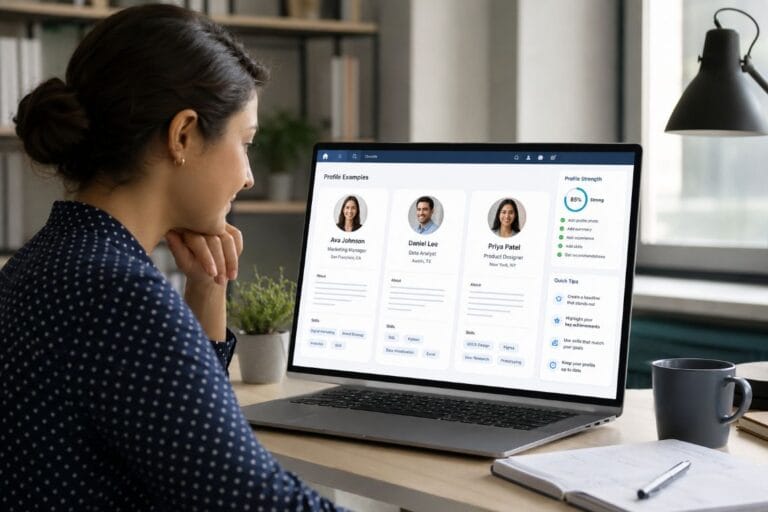 Job seeker reviewing LinkedIn profile examples on a laptop